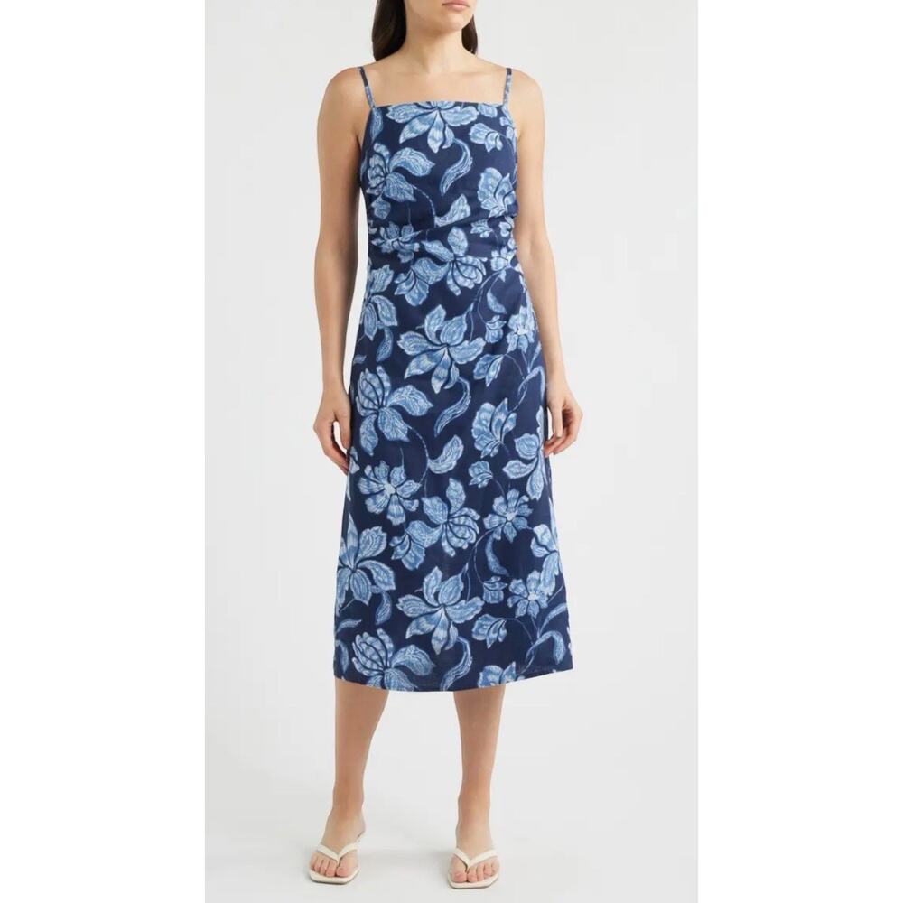 New! Madewell Sharona Ruched Linen Midi Dress Classic Indigo Blue Floral 2 $158